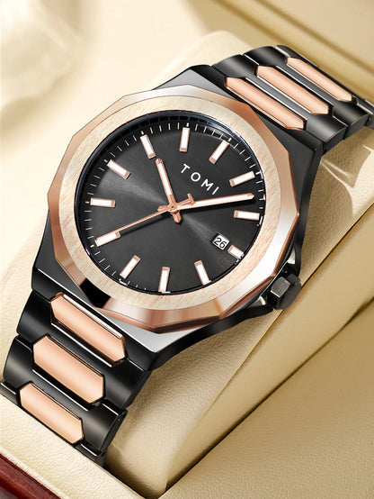 TOMI Luxury Business Men's Watch Gift Box Set High Quality Rose Gold Case Simple and Versatile Quartz Watch Relogio Masculino