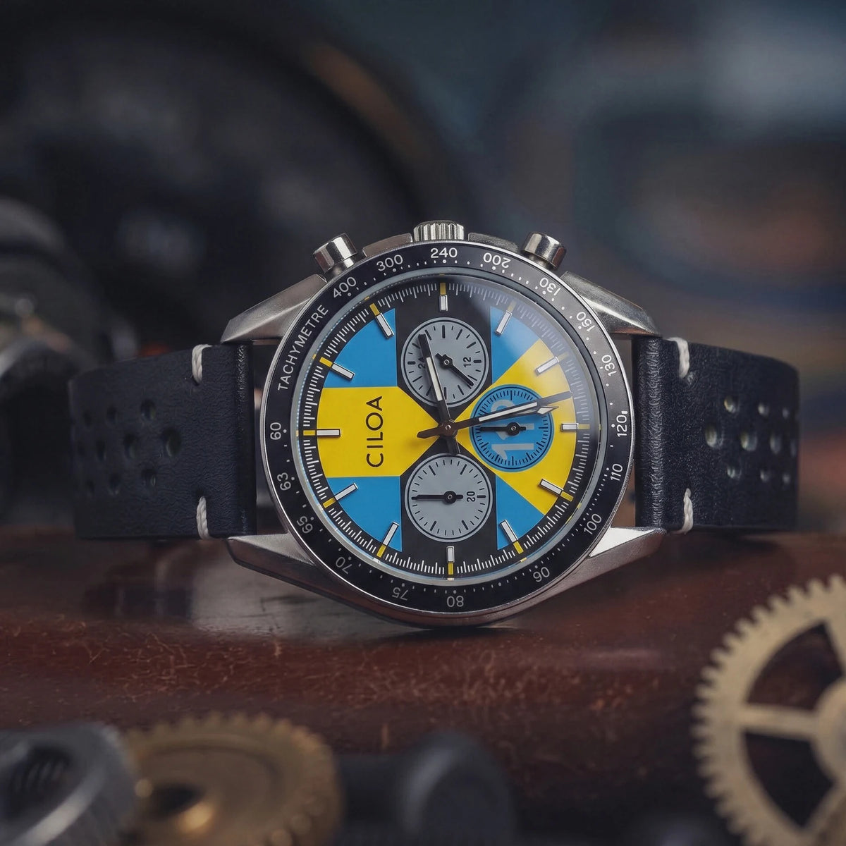 CILOA Men's Racing Chronograph Watch Vintage Blue & Yellow Dial Black Perforated Leather Strap Tachymeter Quartz Wristwatch