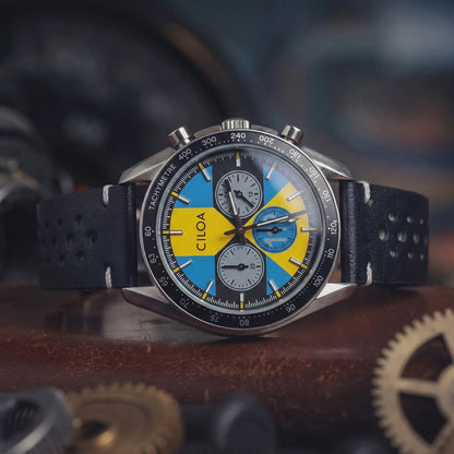 CILOA Men's Racing Chronograph Watch Vintage Blue & Yellow Dial Black Perforated Leather Strap Tachymeter Quartz Wristwatch