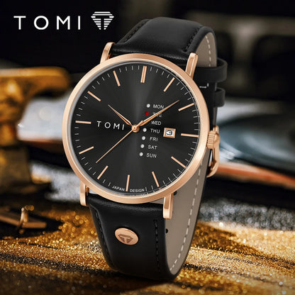 TOMI Trendy Men's Watch Quartz Texture Business Watch with Leather Strap and Weekday Calendar