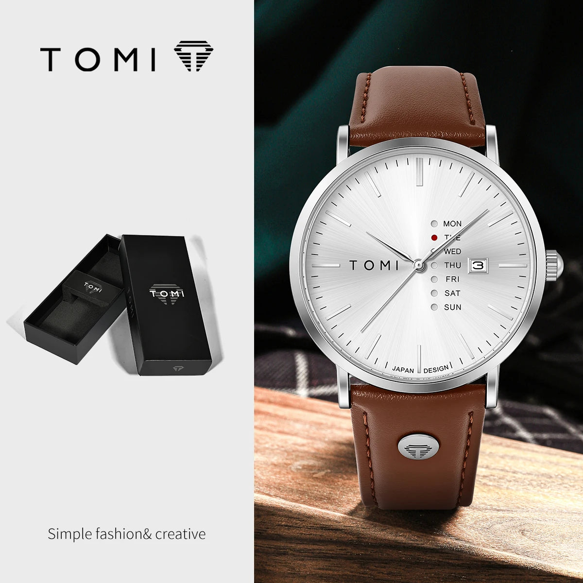 TOMI Trendy Men's Watch Quartz Texture Business Watch with Leather Strap and Weekday Calendar