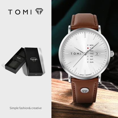 TOMI Trendy Men's Watch Quartz Texture Business Watch with Leather Strap and Weekday Calendar