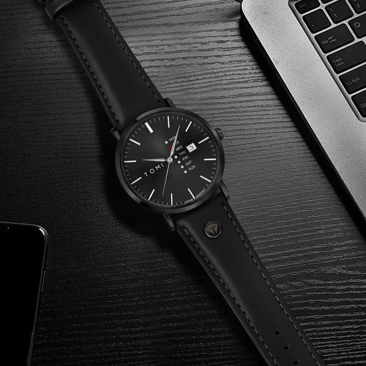 TOMI Trendy Men's Watch Quartz Texture Business Watch with Leather Strap and Weekday Calendar
