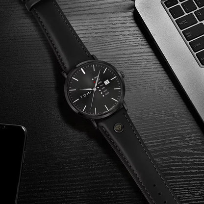TOMI Trendy Men's Watch Quartz Texture Business Watch with Leather Strap and Weekday Calendar