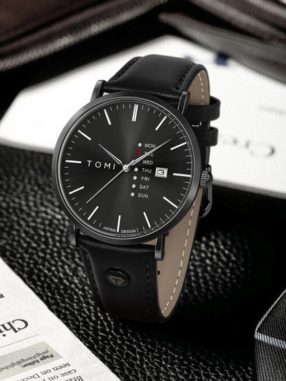 TOMI Trendy Men's Watch Quartz Texture Business Watch with Leather Strap and Weekday Calendar