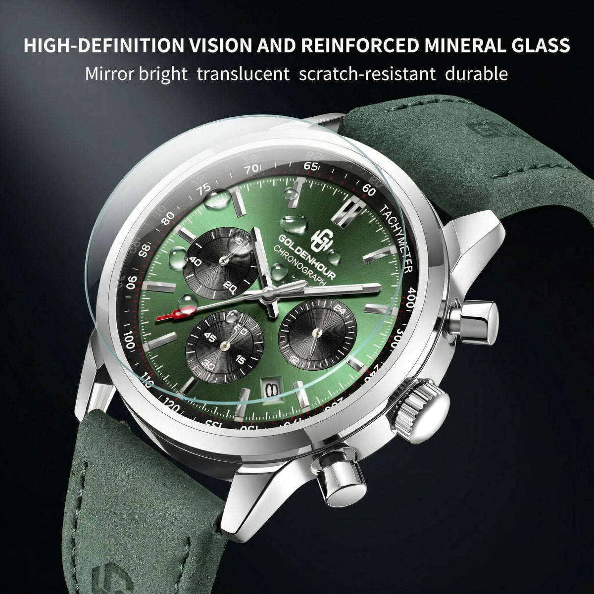 Men's Chronograph Watch – Green Strap & Black Dial