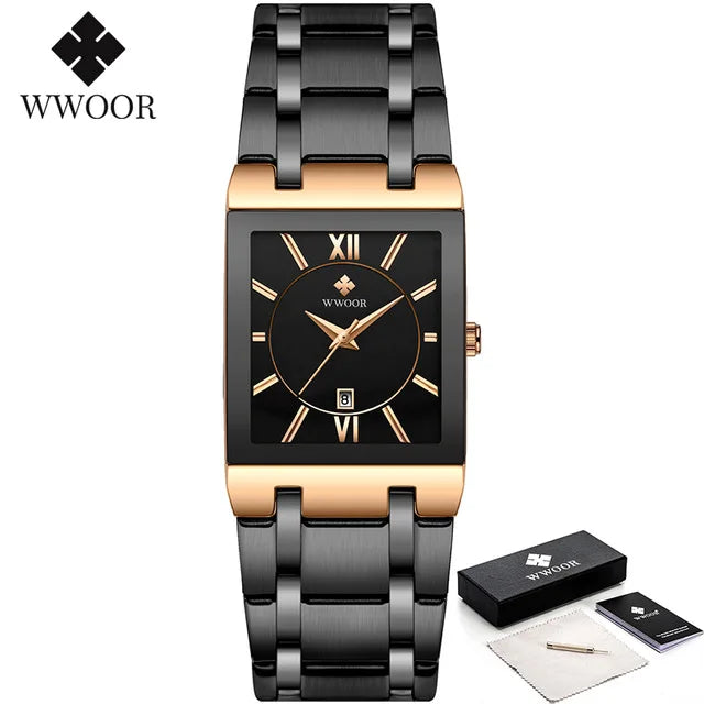 Men's Rectangle Watch – Black Dial & Two-Tone Metal Bracelet