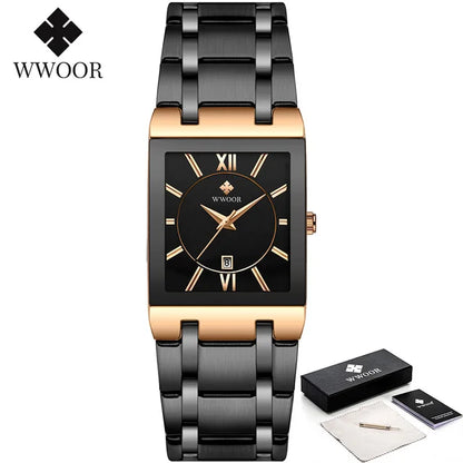 Men's Rectangle Watch – Black Dial & Two-Tone Metal Bracelet