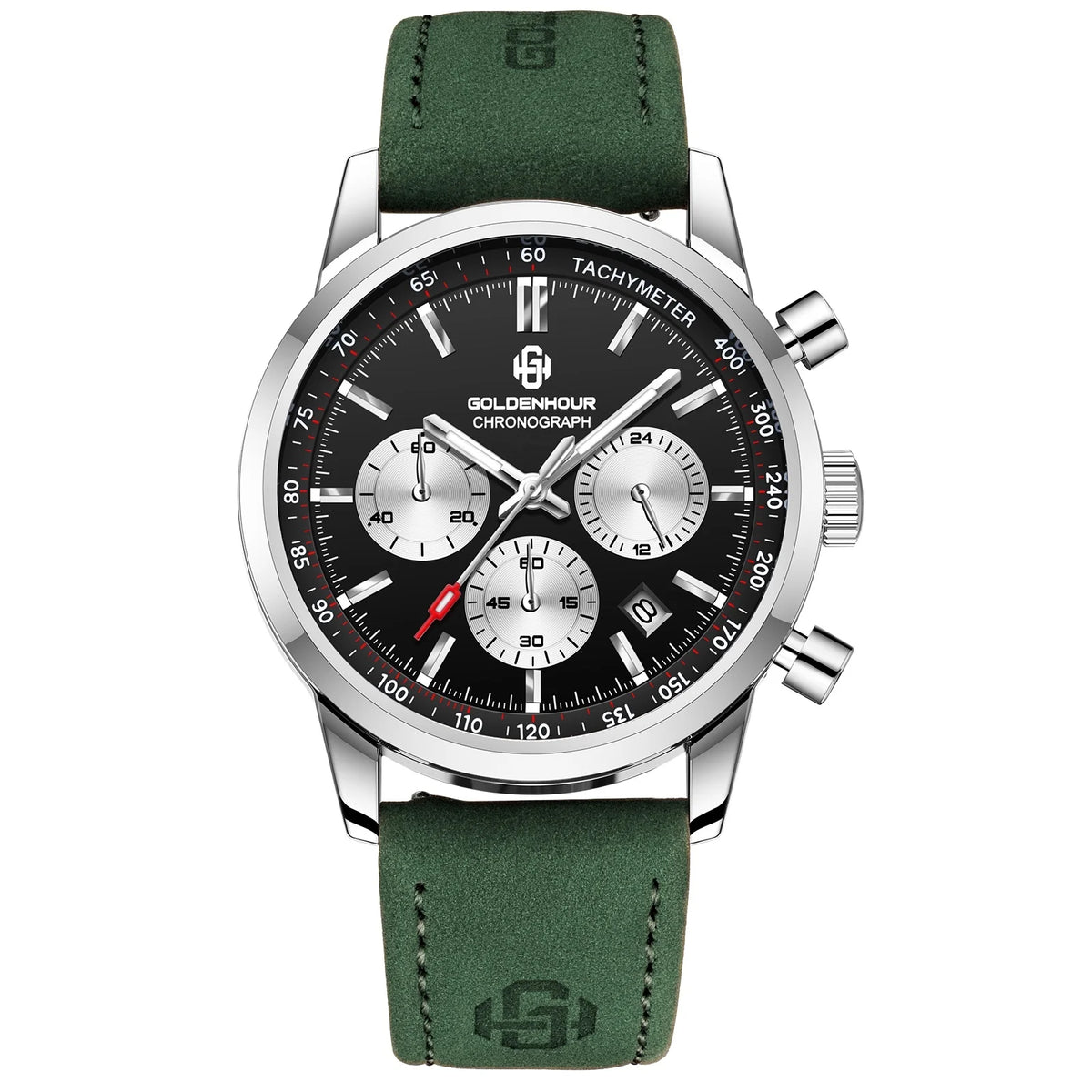 Men's Chronograph Watch – Green Strap & Black Dial