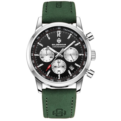 Men's Chronograph Watch – Green Strap & Black Dial