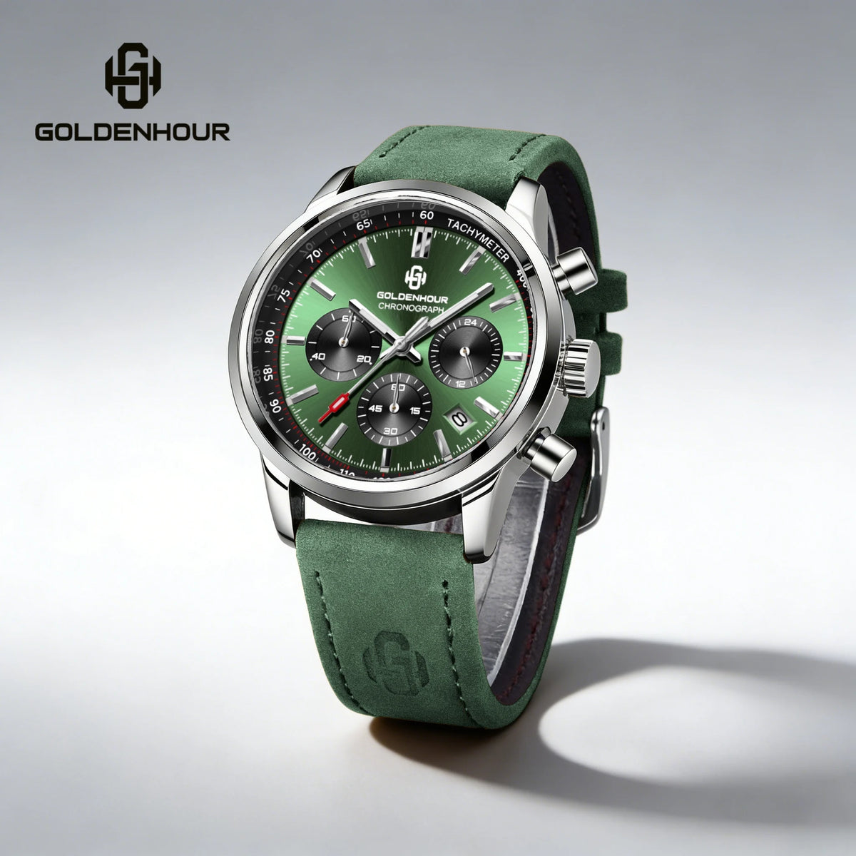 Men's Chronograph Watch – Green Strap & Black Dial