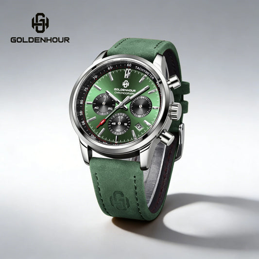 Men's Chronograph Watch – Green Strap & Black Dial