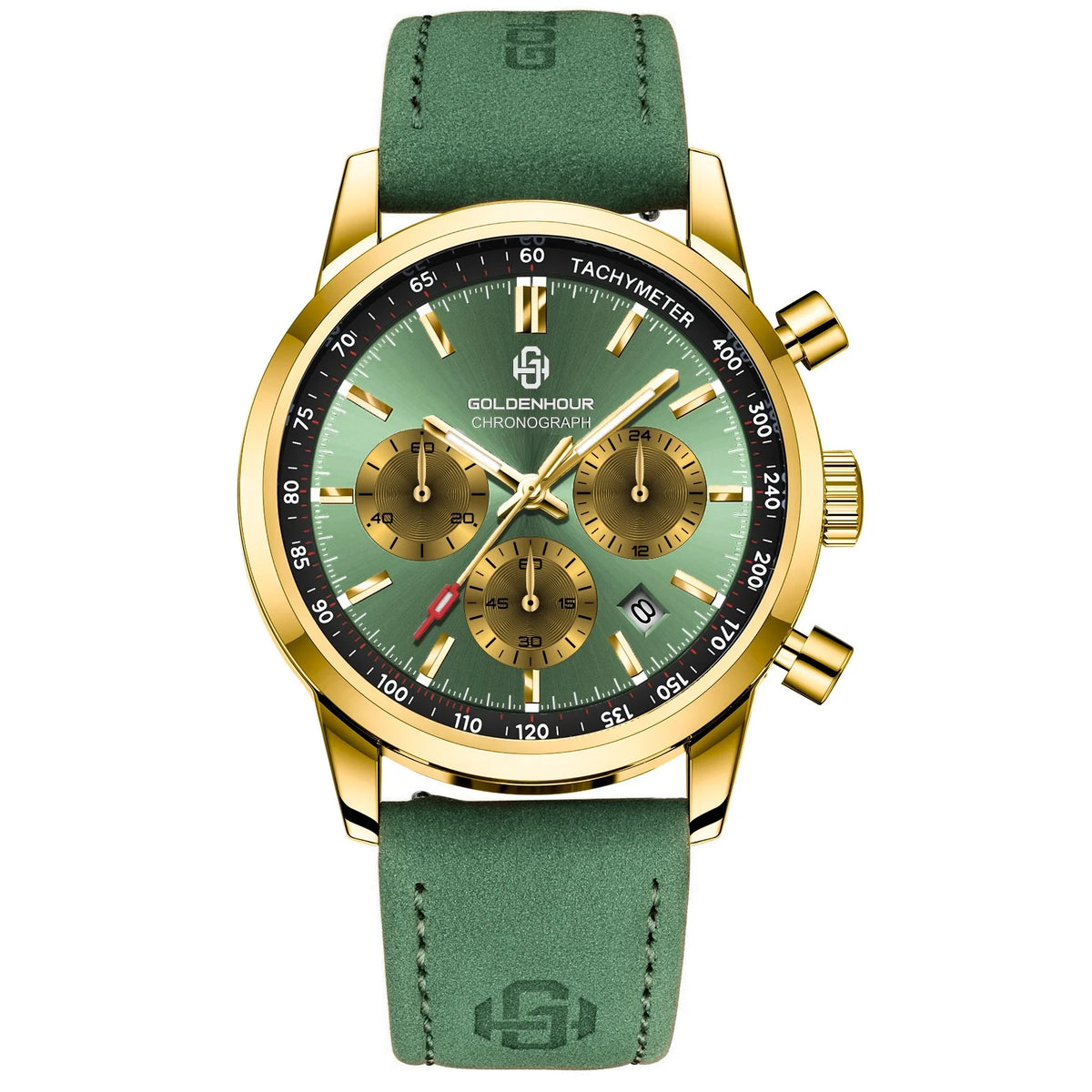 Men's Chronograph Watch – Green Strap & Black Dial