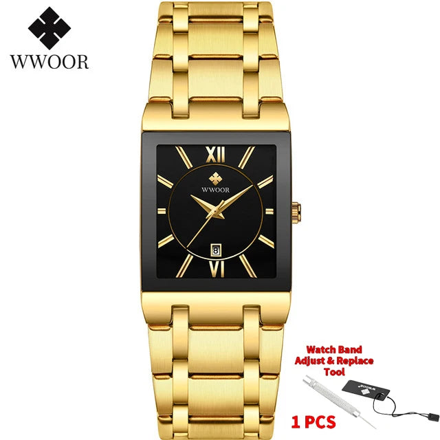 Men's Rectangle Watch – Black Dial & Two-Tone Metal Bracelet