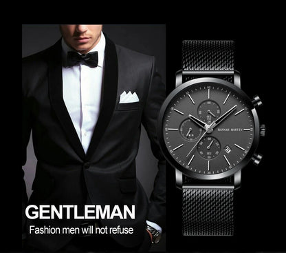 HANNAH MARTIN Brand Men Watch Black Stainless Steel Waterproof Fashion Sports Multifunctional Quartz Wristatch Relogio Masculino