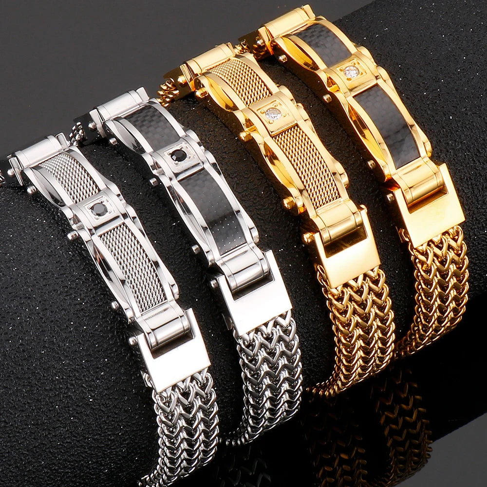 Luxury Bracelet for Men Gold Color 12MM Wide Stainless Steel Square Franco Link Chain Men's Wrist Bracelets With Magnet Clasp