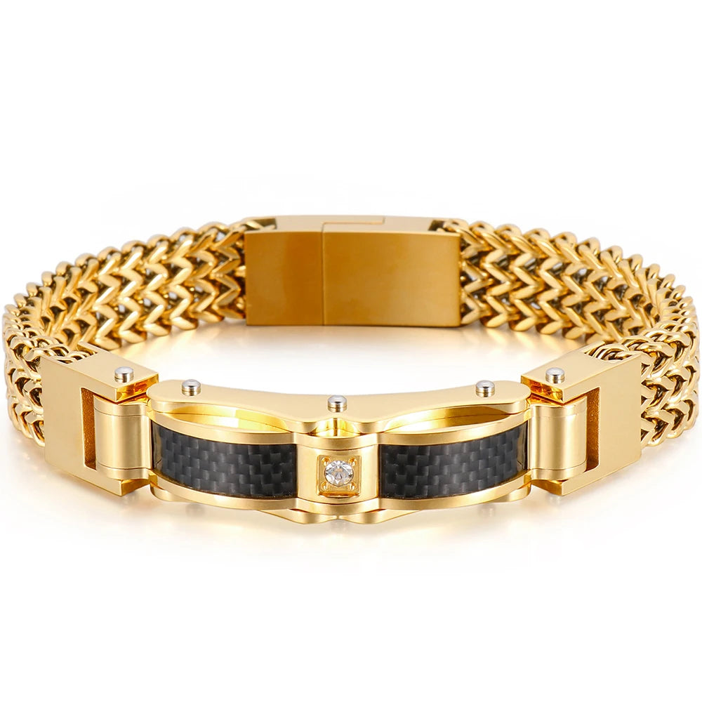 Luxury Bracelet for Men Gold Color 12MM Wide Stainless Steel Square Franco Link Chain Men's Wrist Bracelets With Magnet Clasp