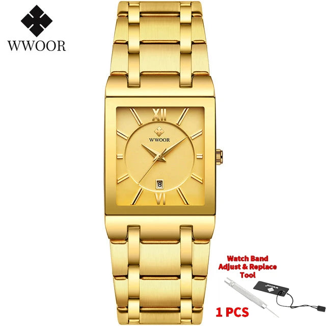 Men's Rectangle Watch – Black Dial & Two-Tone Metal Bracelet