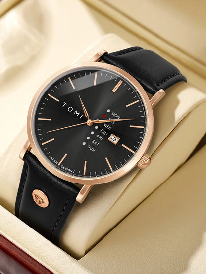 TOMI Trendy Men's Watch Quartz Texture Business Watch with Leather Strap and Weekday Calendar