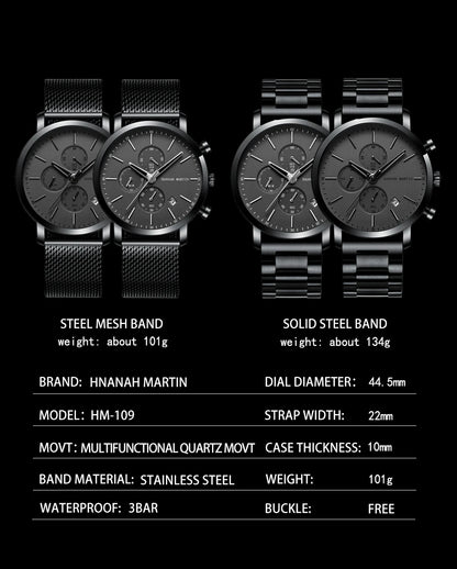 HANNAH MARTIN Brand Men Watch Black Stainless Steel Waterproof Fashion Sports Multifunctional Quartz Wristatch Relogio Masculino