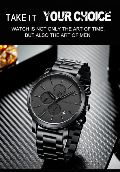 HANNAH MARTIN Brand Men Watch Black Stainless Steel Waterproof Fashion Sports Multifunctional Quartz Wristatch Relogio Masculino