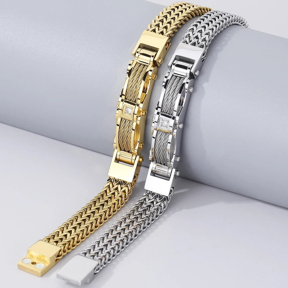 Luxury Bracelet for Men Gold Color 12MM Wide Stainless Steel Square Franco Link Chain Men's Wrist Bracelets With Magnet Clasp