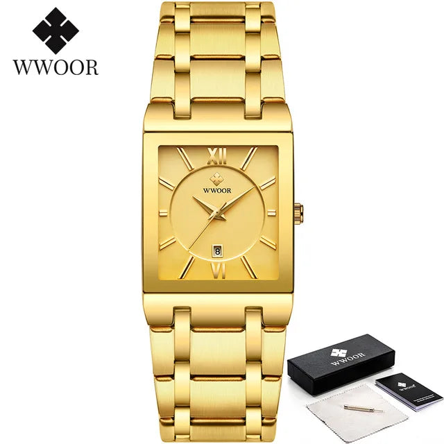 Men's Rectangle Watch – Black Dial & Two-Tone Metal Bracelet