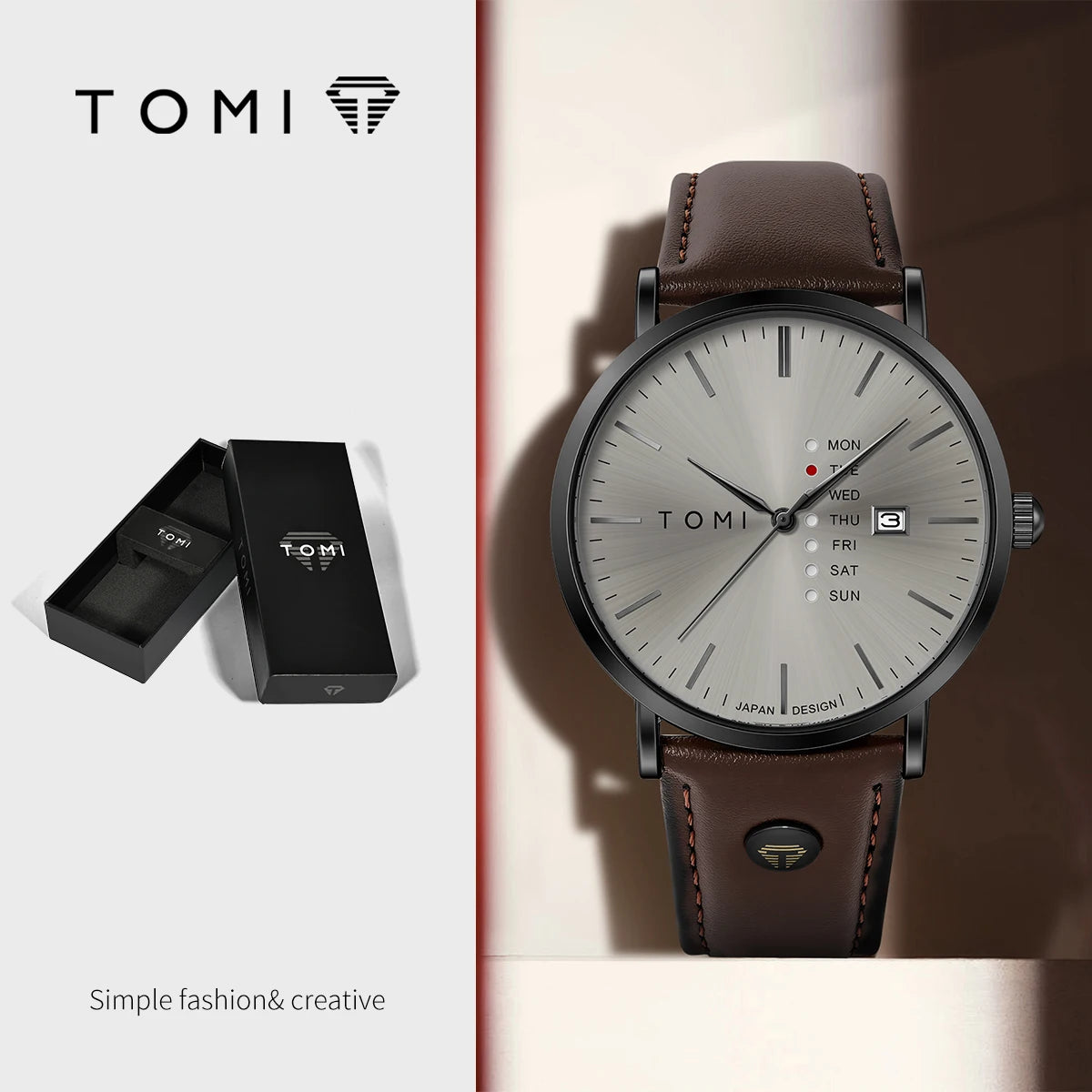 TOMI Trendy Men's Watch Quartz Texture Business Watch with Leather Strap and Weekday Calendar