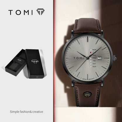 TOMI Trendy Men's Watch Quartz Texture Business Watch with Leather Strap and Weekday Calendar