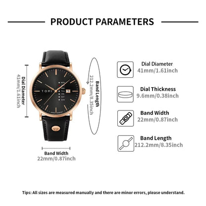 TOMI Trendy Men's Watch Quartz Texture Business Watch with Leather Strap and Weekday Calendar