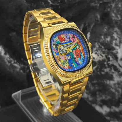 Personalized Cartoon Animation Quartz Men Watch Creative Oil Painting Dial Top Casual Steel Top Men Watch AAA Male Clock Relogio