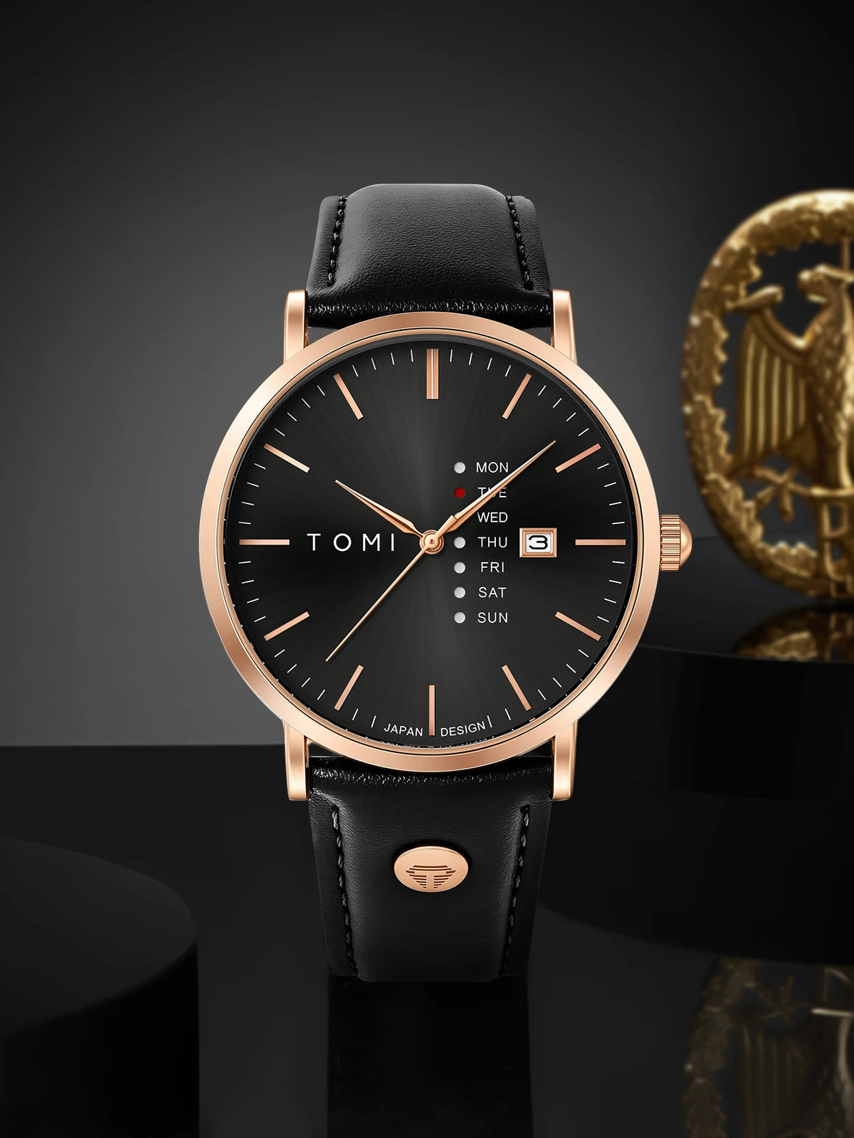 TOMI Trendy Men's Watch Quartz Texture Business Watch with Leather Strap and Weekday Calendar