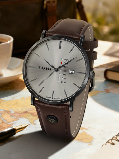 TOMI Trendy Men's Watch Quartz Texture Business Watch with Leather Strap and Weekday Calendar
