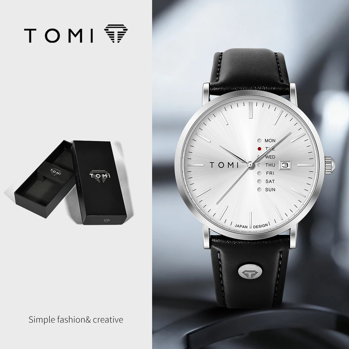 TOMI Trendy Men's Watch Quartz Texture Business Watch with Leather Strap and Weekday Calendar