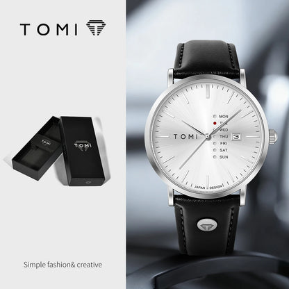 TOMI Trendy Men's Watch Quartz Texture Business Watch with Leather Strap and Weekday Calendar
