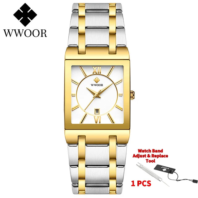 Men's Rectangle Watch – Black Dial & Two-Tone Metal Bracelet