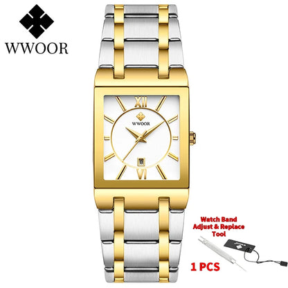 Men's Rectangle Watch – Black Dial & Two-Tone Metal Bracelet