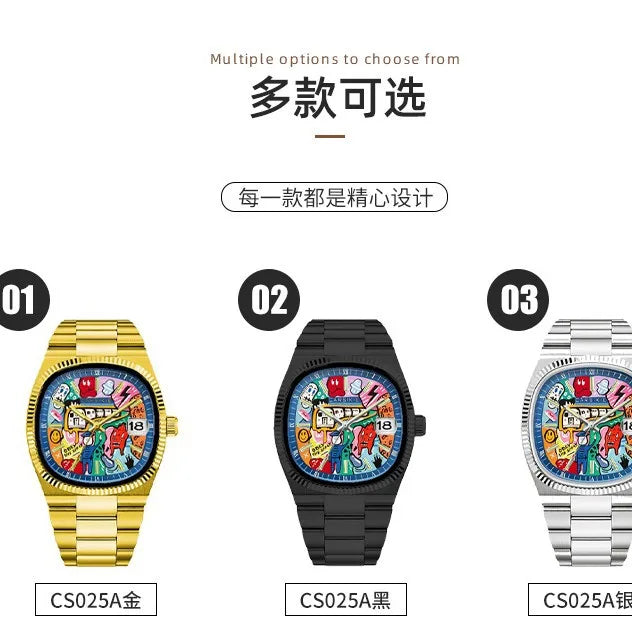 Personalized Cartoon Animation Quartz Men Watch Creative Oil Painting Dial Top Casual Steel Top Men Watch AAA Male Clock Relogio