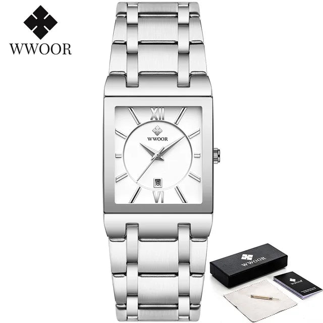 Men's Rectangle Watch – Black Dial & Two-Tone Metal Bracelet