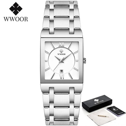 Men's Rectangle Watch – Black Dial & Two-Tone Metal Bracelet