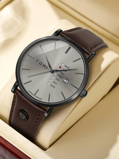 TOMI Trendy Men's Watch Quartz Texture Business Watch with Leather Strap and Weekday Calendar