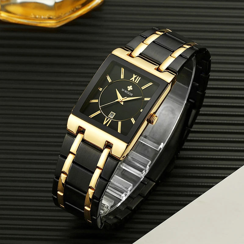 Men's Rectangle Watch – Black Dial & Two-Tone Metal Bracelet
