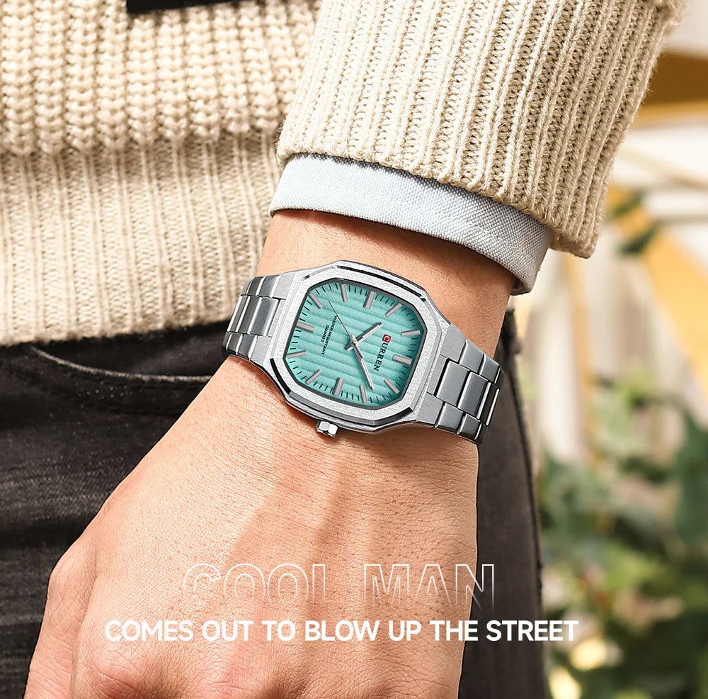 Men's Stainless Steel Watch – Turquoise Dial and Integrated Bracelet