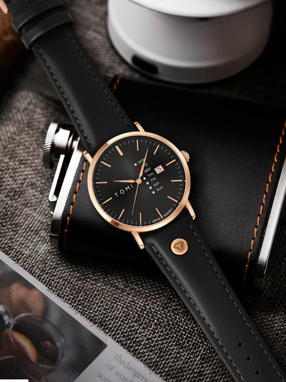 TOMI Trendy Men's Watch Quartz Texture Business Watch with Leather Strap and Weekday Calendar