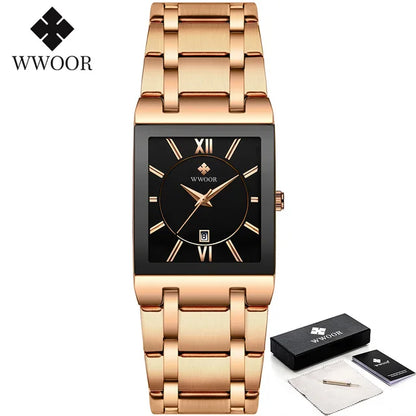 Men's Rectangle Watch – Black Dial & Two-Tone Metal Bracelet