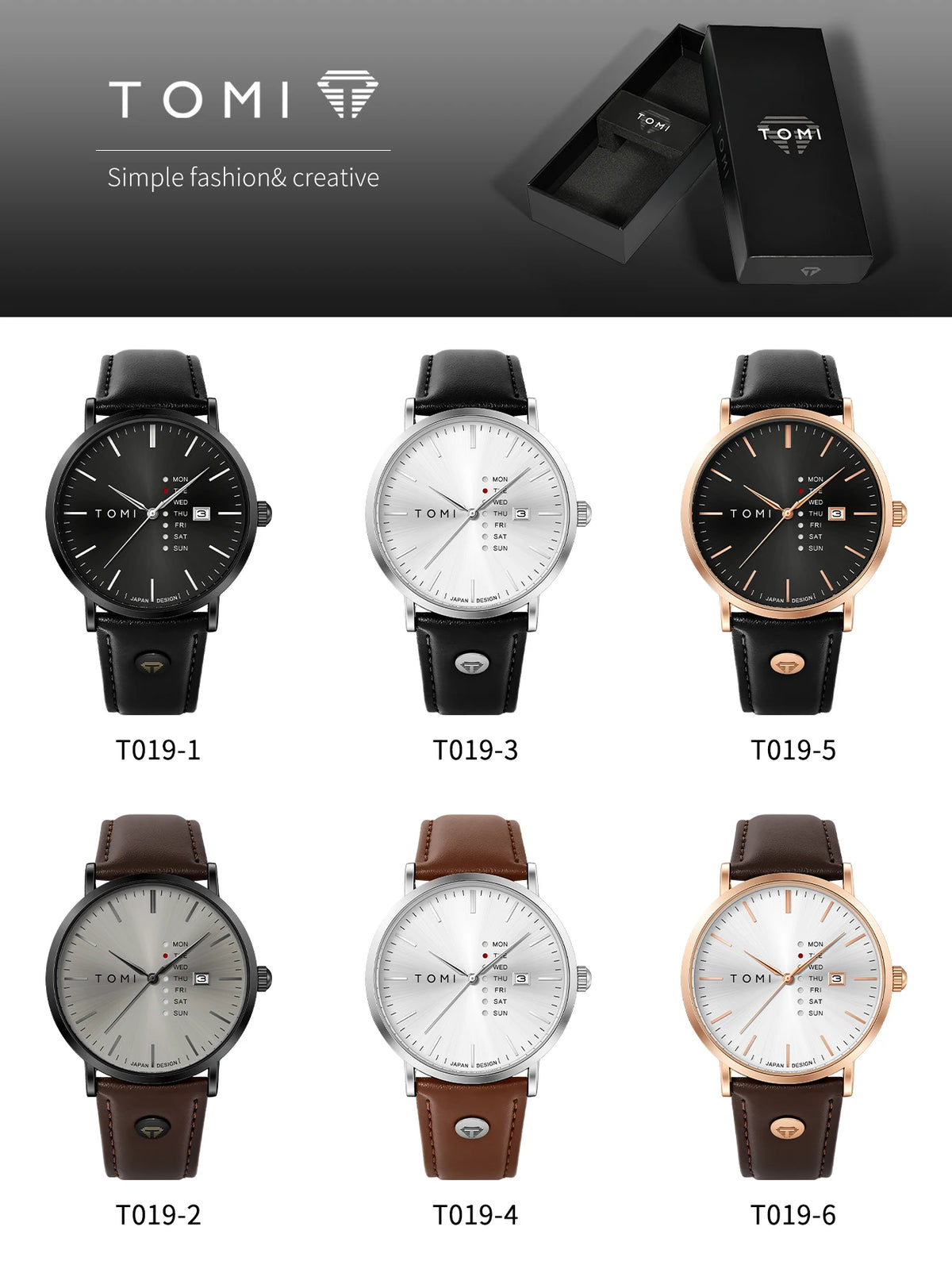 TOMI Trendy Men's Watch Quartz Texture Business Watch with Leather Strap and Weekday Calendar