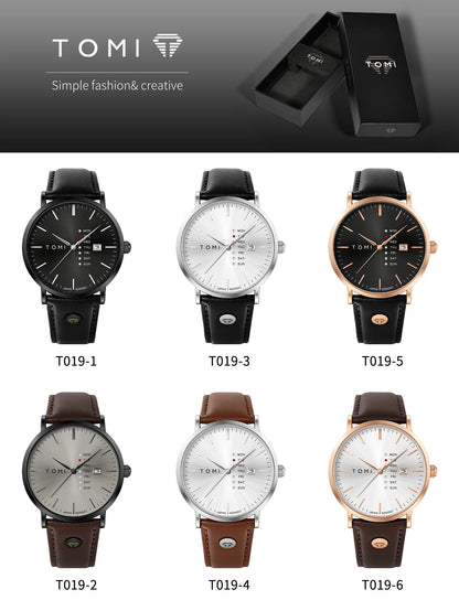 TOMI Trendy Men's Watch Quartz Texture Business Watch with Leather Strap and Weekday Calendar