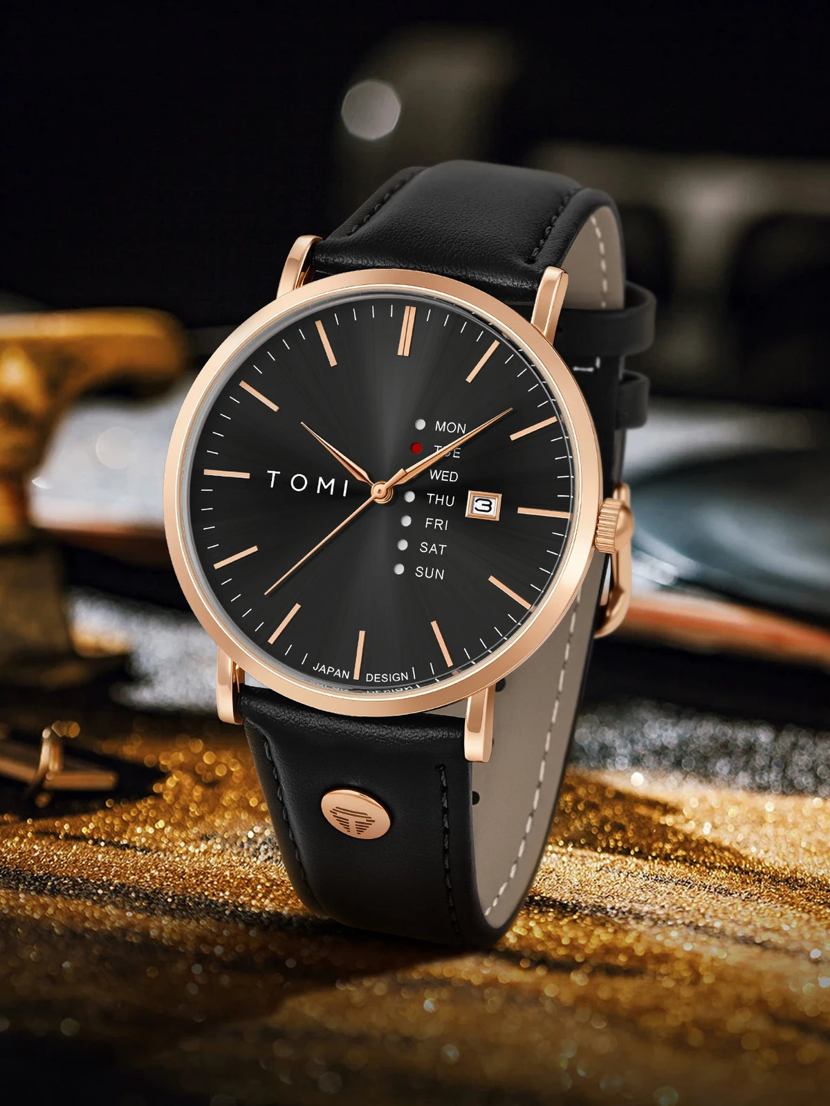 TOMI Trendy Men's Watch Quartz Texture Business Watch with Leather Strap and Weekday Calendar