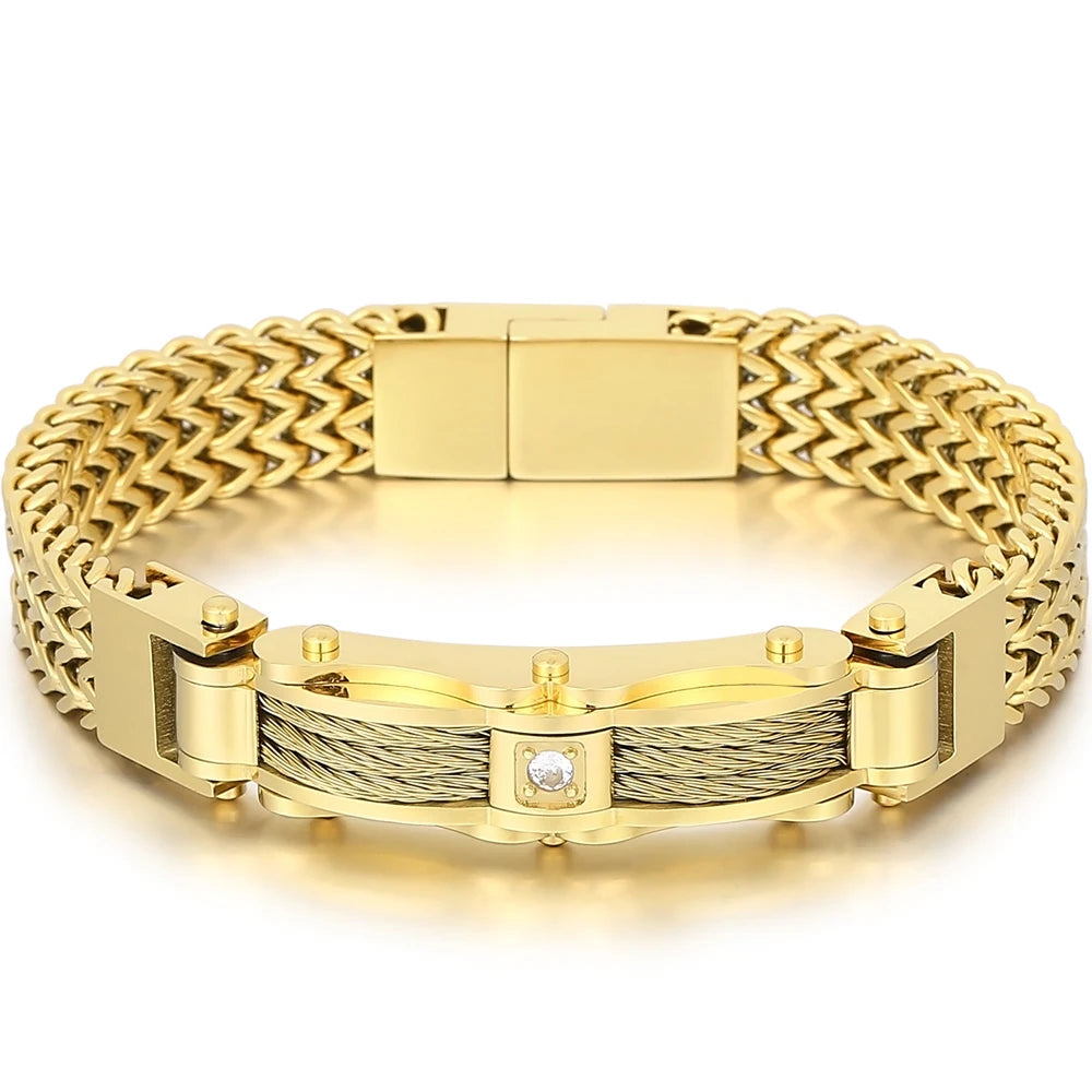 Luxury Bracelet for Men Gold Color 12MM Wide Stainless Steel Square Franco Link Chain Men's Wrist Bracelets With Magnet Clasp