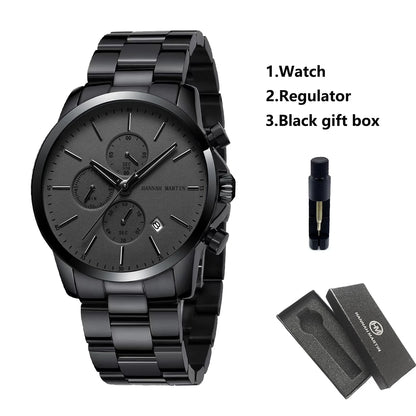 HANNAH MARTIN Brand Men Watch Black Stainless Steel Waterproof Fashion Sports Multifunctional Quartz Wristatch Relogio Masculino